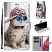 For Samsung Galaxy S20 FE Case, Mantto Magnetic PU Leather Phone Case With Hand Rope Strap Cute Pattern Painted Flip Credit/ ID Card Wallet Slots Stand, Hat&Cat