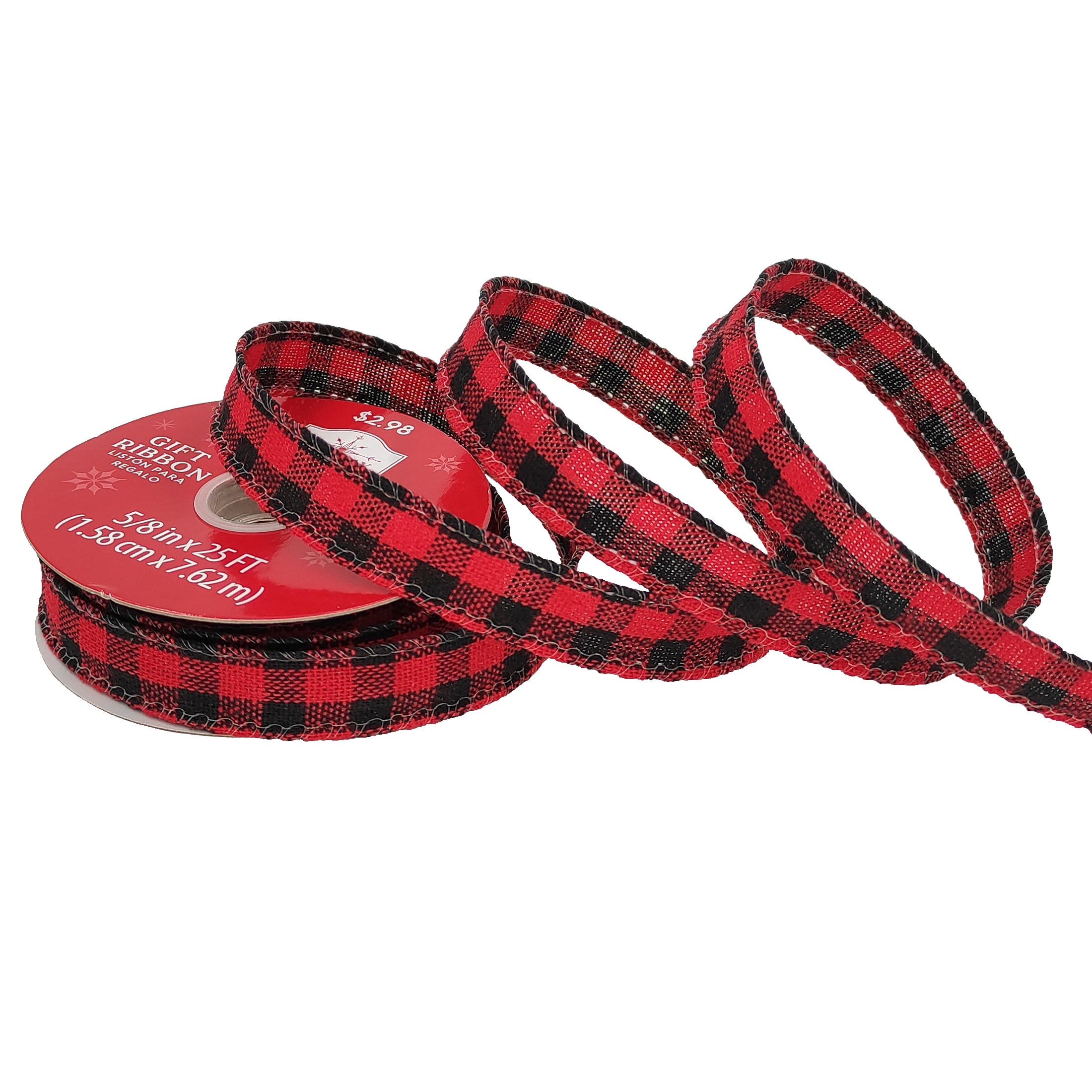Holiday Time Fabric Ribbon, Black and Red Buffalo Check Pattern, Polyester , 5/8"/25'