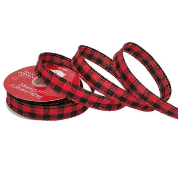 Holiday Time Fabric Ribbon, Black and Red Buffalo Check Pattern, Polyester , 5/8"/25'