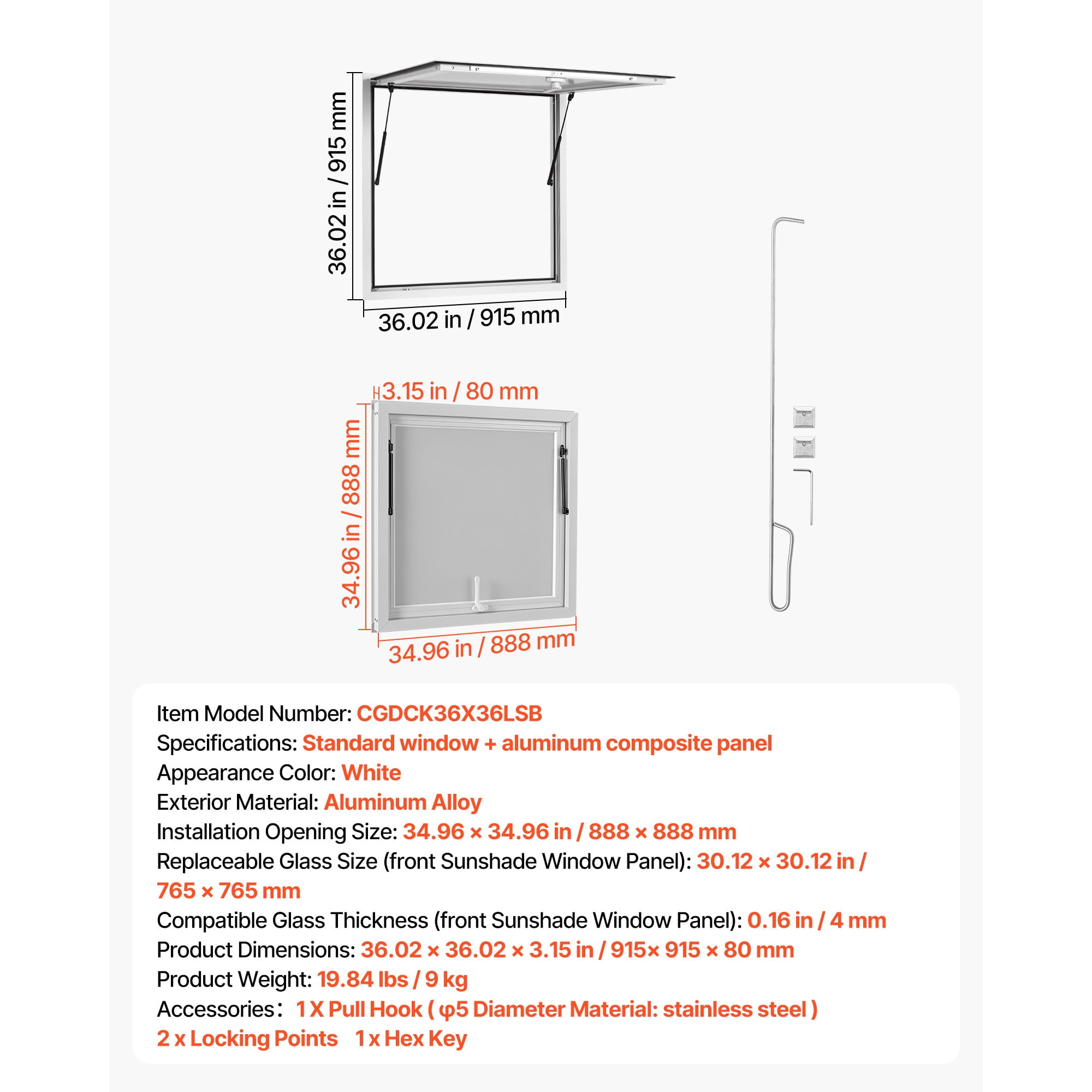 KFFKFF Concession Window 36x36 in Aluminum Alloy Frame Service Window, Designed for Food Trucks, Features Awning Door with Drag Hook, Opens Up to 85 Degrees, and Rainwater-Resistant for Trailers