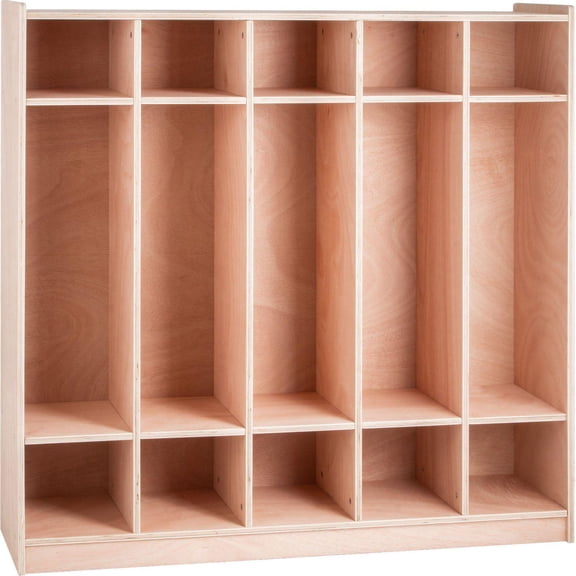 5 Section Daycare Cubby Coat Rack 48x13x48 Inch Classroom Coat Locker Backpack Hanger with 5 Hooks Storage Boxes for Kindergarten School Natural
