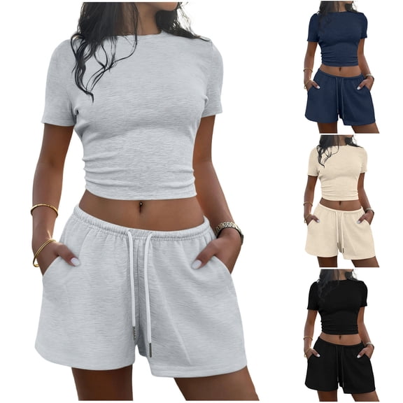 Bloomae Two Piece Jogger Sets for Women Summer Crew Neck Lounge Short Sets Short Sleeve Crop Tops and Drawstring Elastic Waist Short Pants Vacation Outfits with Pocket Beige M