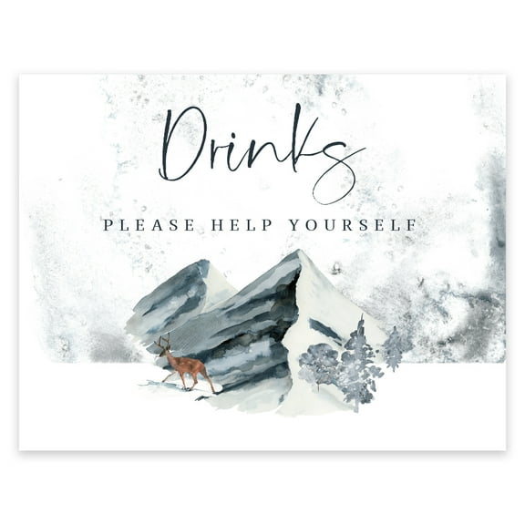 Koyal Wholesale Unframed Winter Snowy Woodland Forest Watercolor Party Sign, Drinks Please Help Yourself, 1- Pack