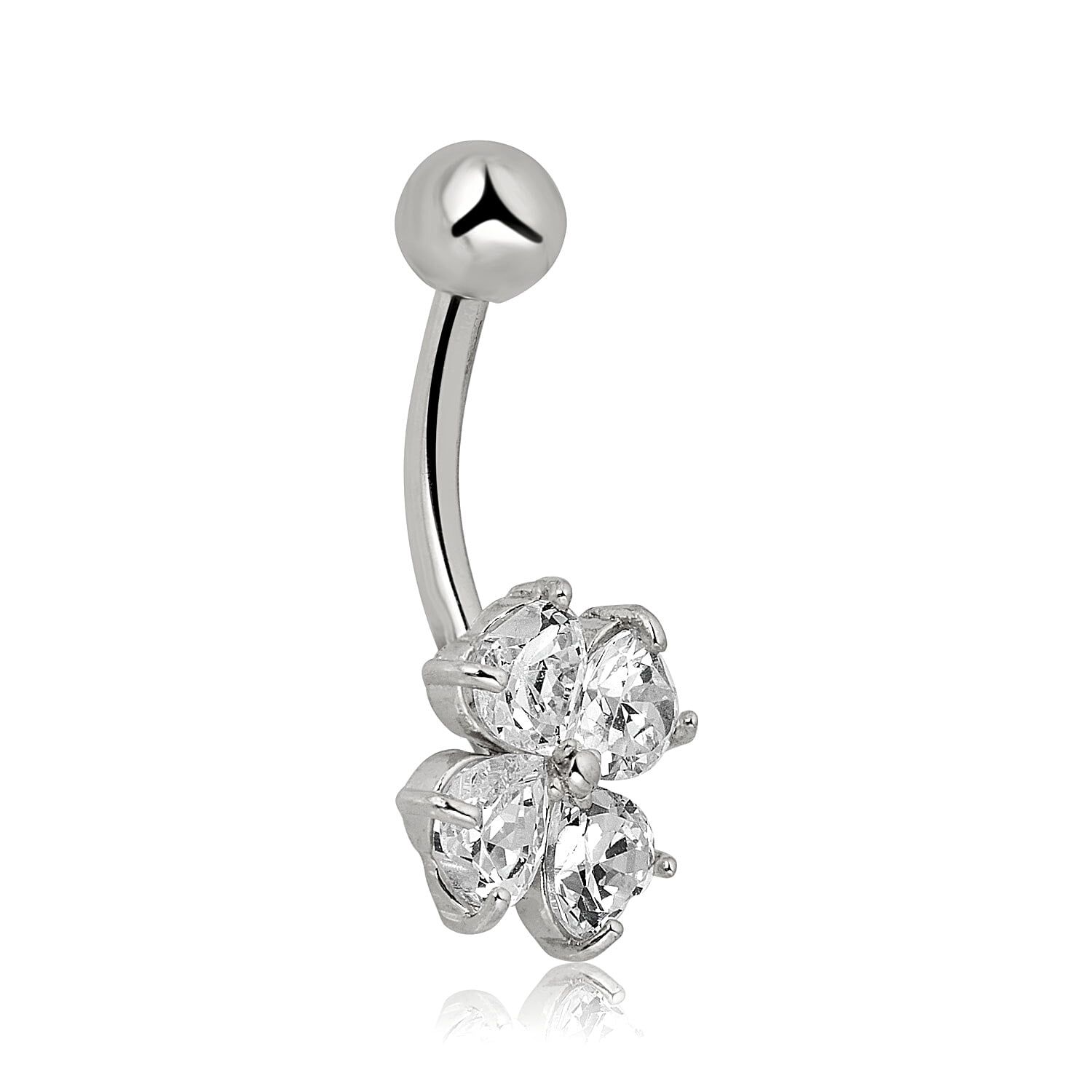 AVORA 10K White Gold Heart-shaped Simulated Diamond CZ Flower Belly Button Ring Body Jewelry (14 Gauge)