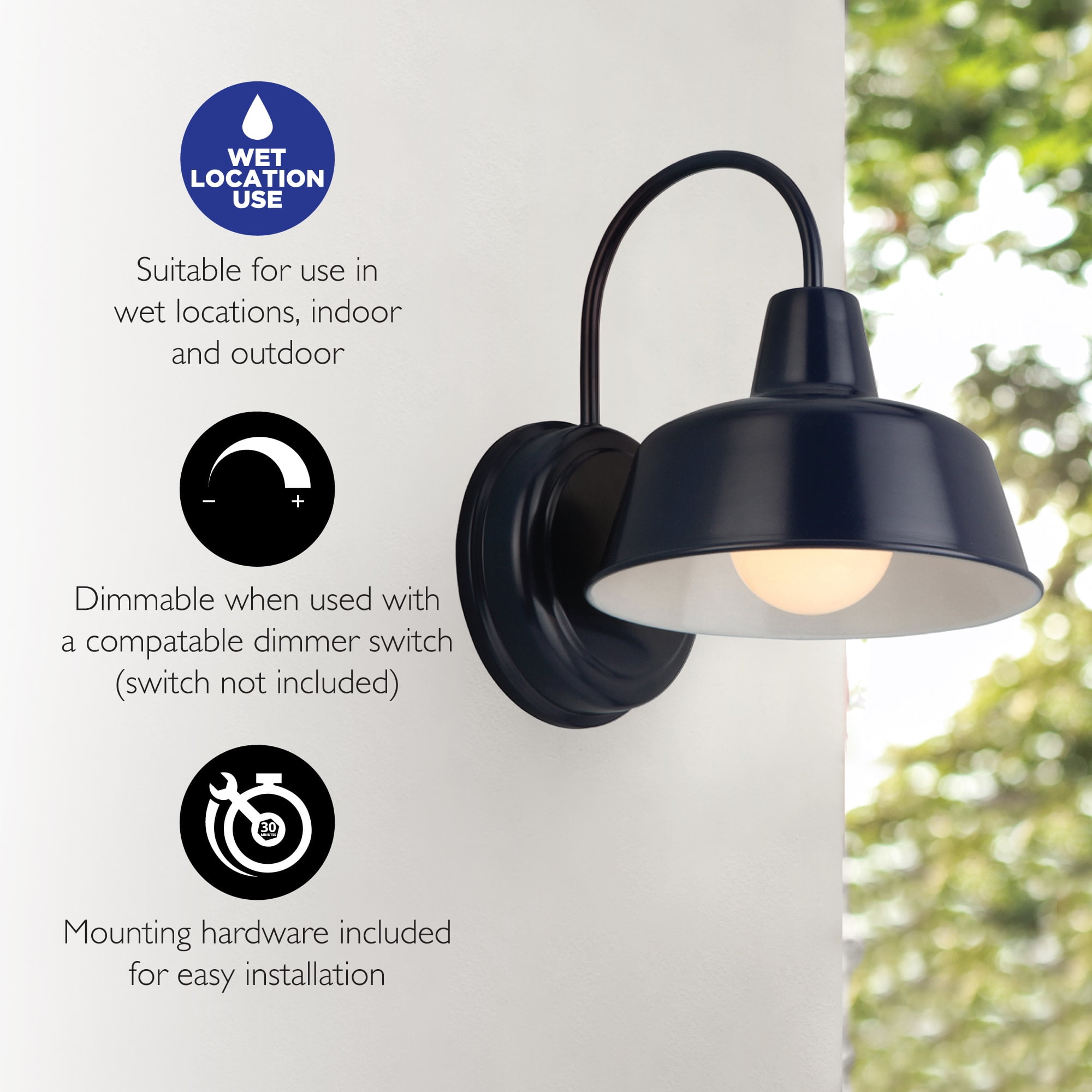 Mason Barn Light Indoor/Outdoor Wall Mount Modern Industrial Farmhouse Design House Wall Light for Patio, Garage, Bathroom, Office, Kitchen, 8-Inch, Navy Blue, WM457933