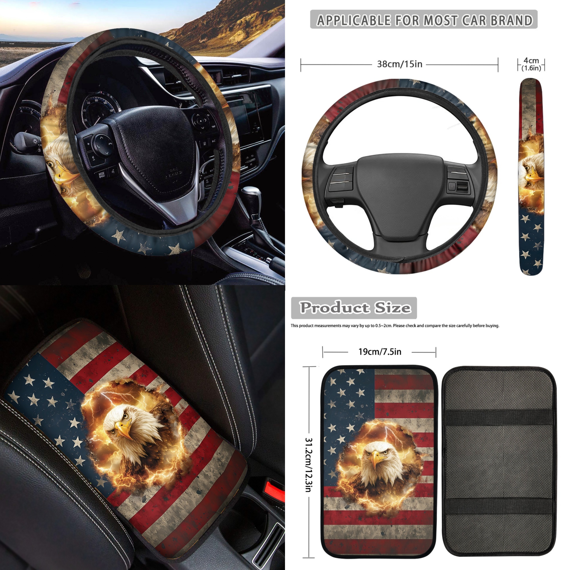 Jeiento Eagle Car Seat Cover Full Set Car Floor Mats American Flag Steering Wheel Cover Cool Flame Seatbelt Pad Armrest Cover Cup Coaster Keychains Universal Auto Interior Accessories Set 17 Pack