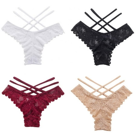 

4pcs Women Briefs Double Cross Strap Panties Lace Thong Underwear Lady G-String Underpanties Breathable Low Waist Thongs