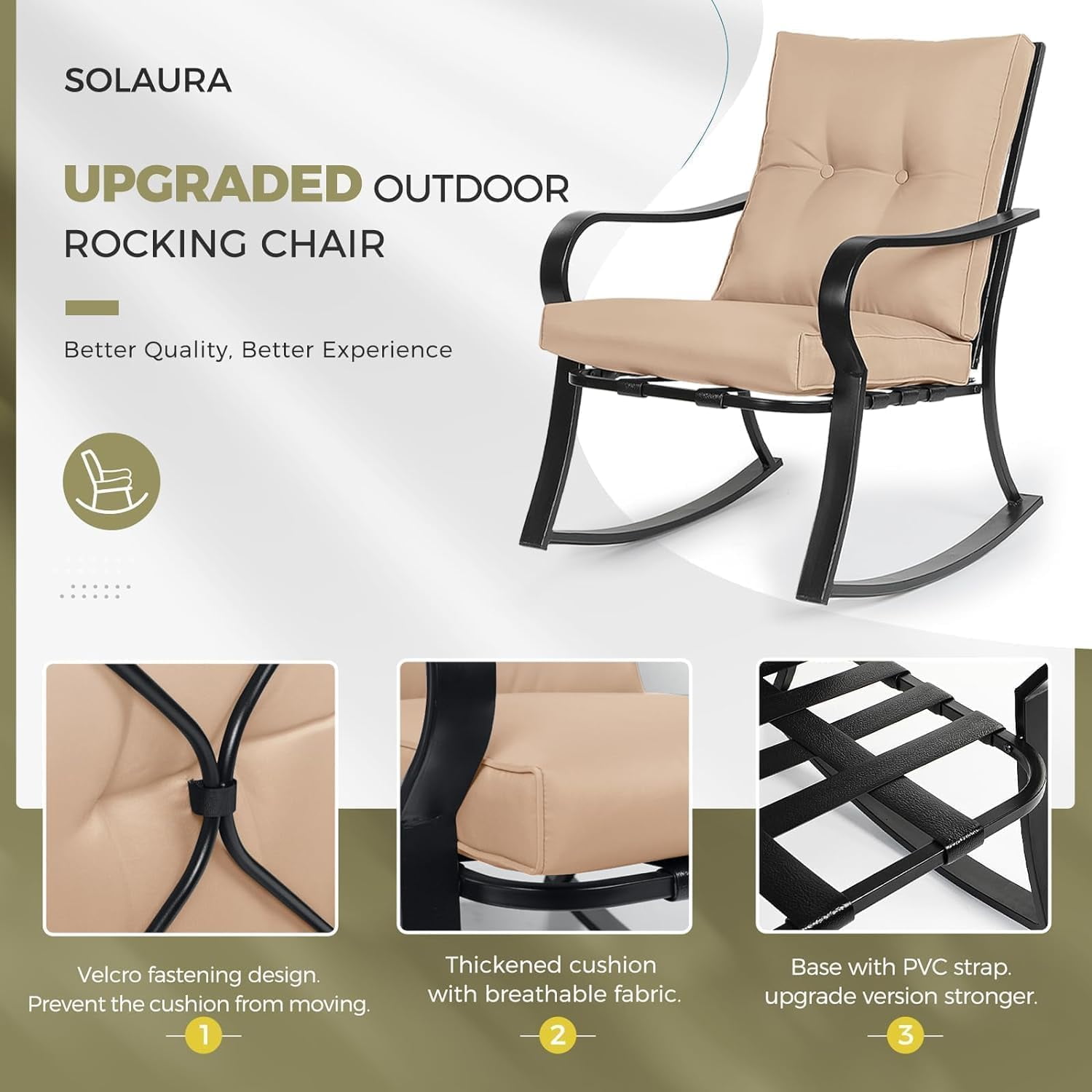 SUNCROWN 3-Piece Outdoor Patio Bistro Set Black Metal Rocking Chairs and Table with Brown Cushions
