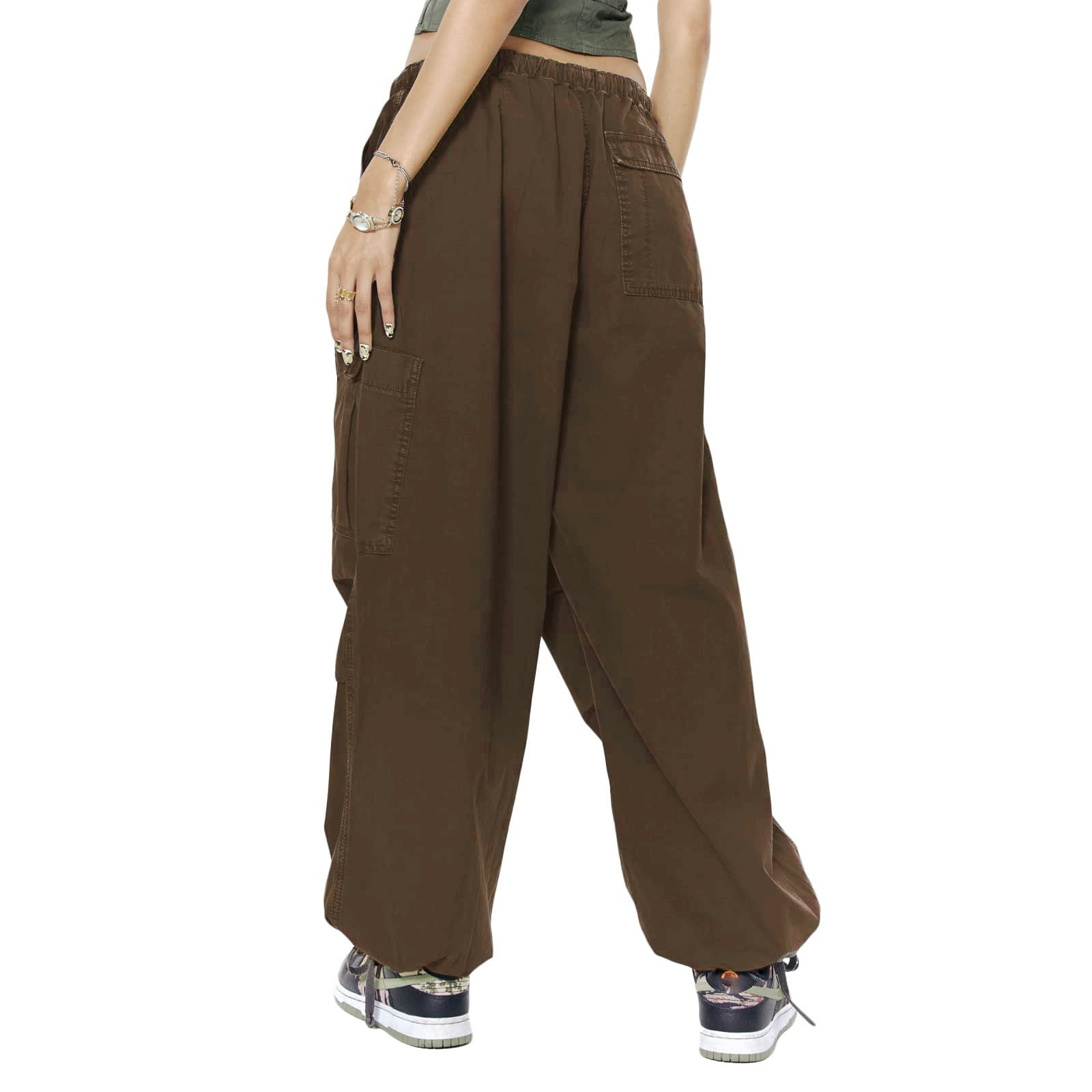iOPQO crop tops for women Women Low Waist Baggy Cargo Pants Aesthetic  Drawstring Loose Pocket Jogger Trousers Hippie Punk Streetwear Brown S