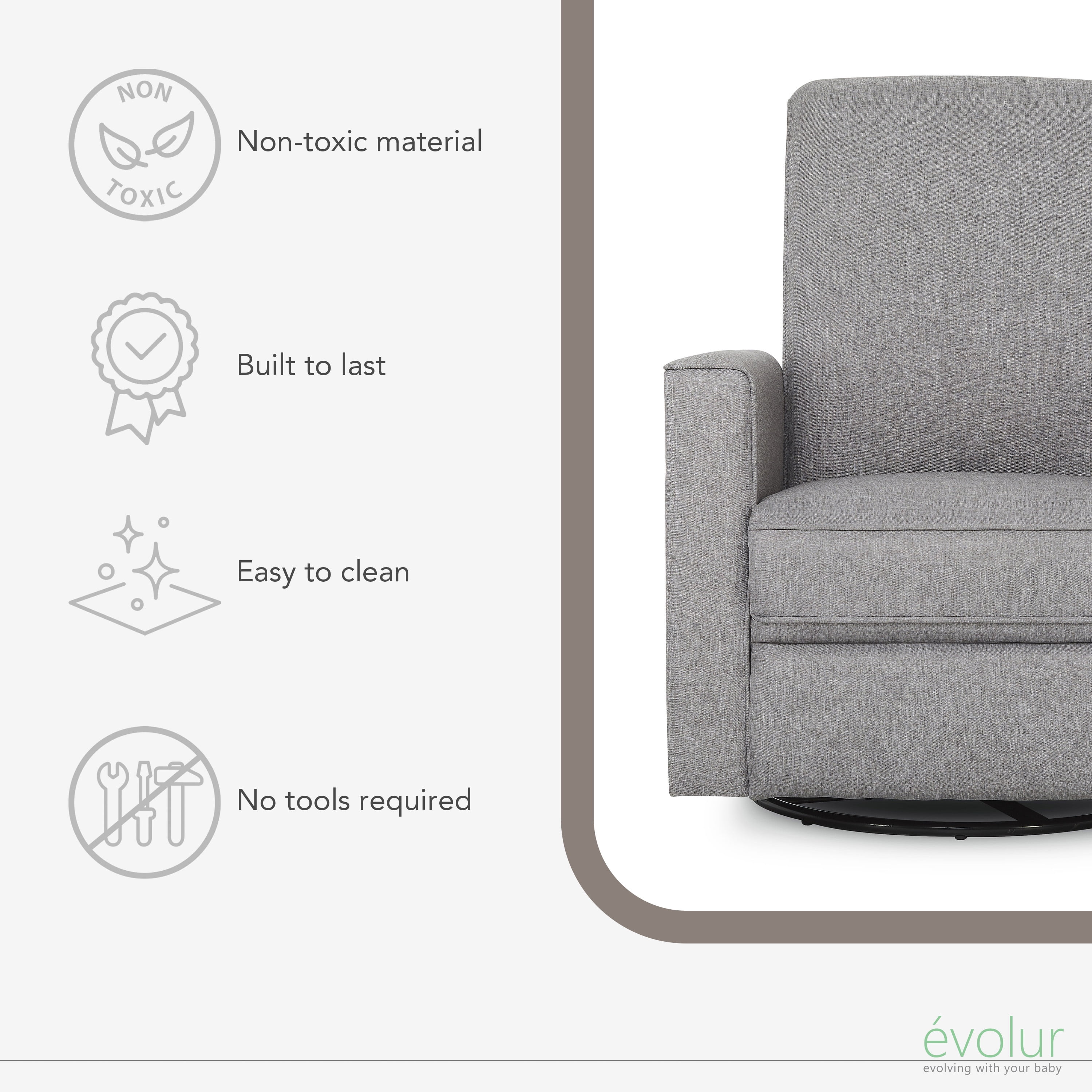 Evolur Raleigh Nursery Glider Recliner and Rocking Chair in Light Gray, 360° Swivel Motion, Multiple Recline Positions, Easy to Clean, FSC and Greenguard Gold Certified