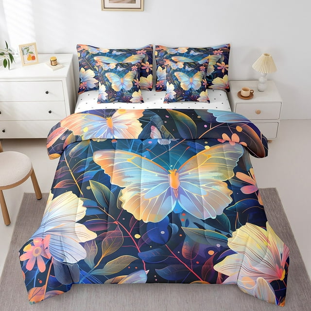 YST 7-Piece Blue Butterfly Comforter Set, Queen, Pink, Floral Pattern