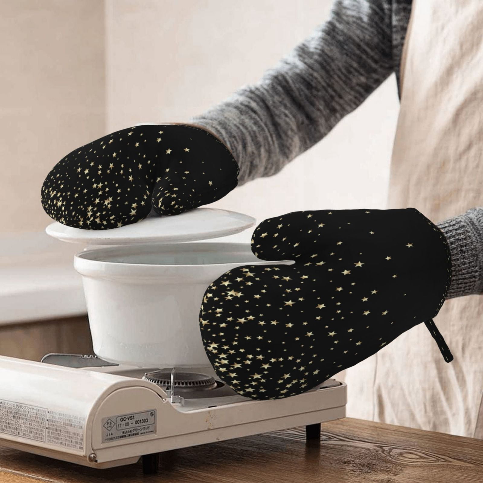 Hirioo Star Silver Glitter for Silicone Oven Mitts for BBQ, Baking, Cooking, Set of 2, Heat Resistant 260℃, Non-Slip Kitchen Essentials