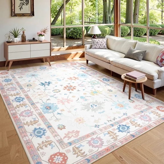 Lahome Decor 5'x7'Modern Oushak Washable Rugs,5x7ft Boho Area Rug for Living Room,Stain Resistant Soft Bedroom Rug, Ultra-Thin Cream Colorful Vintage Floral Rugs for Farmhouse Dining Room,Pink