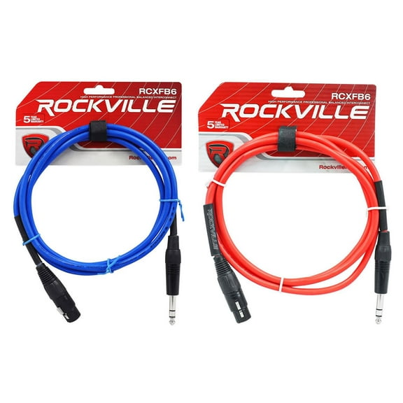 Red and Blue Rockville 6' Female Rean XLR to 1/4'' TRS Balanced Cables OFC
