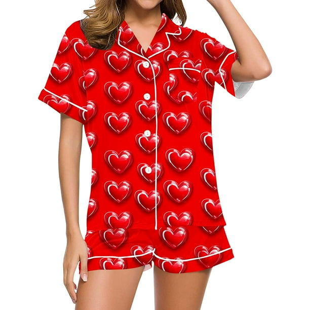 Conjunto de Verano para las Mujeres Día de San Valentín Amor Impreso Cuello de Manga Corta con Pantalones Cortos, Poliéster Ligero para el Uso Informal