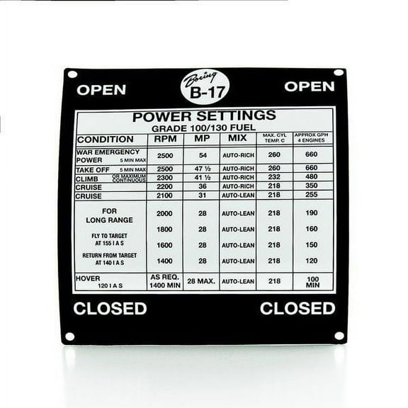 Boeing B-17 Flying Fortress Throttle Quadrant Power Settings Placard PLA-0108