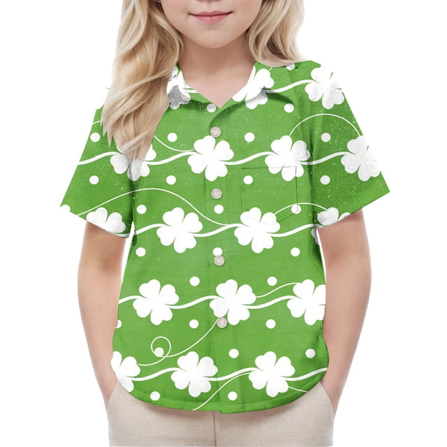 Blusa y camisa de manga corta con cuello vuelto, moderna e informal, con estampado del Día de San Patricio, con bolsillo, para uniforme escolar, para niños y niñas de 2 a 15 años.