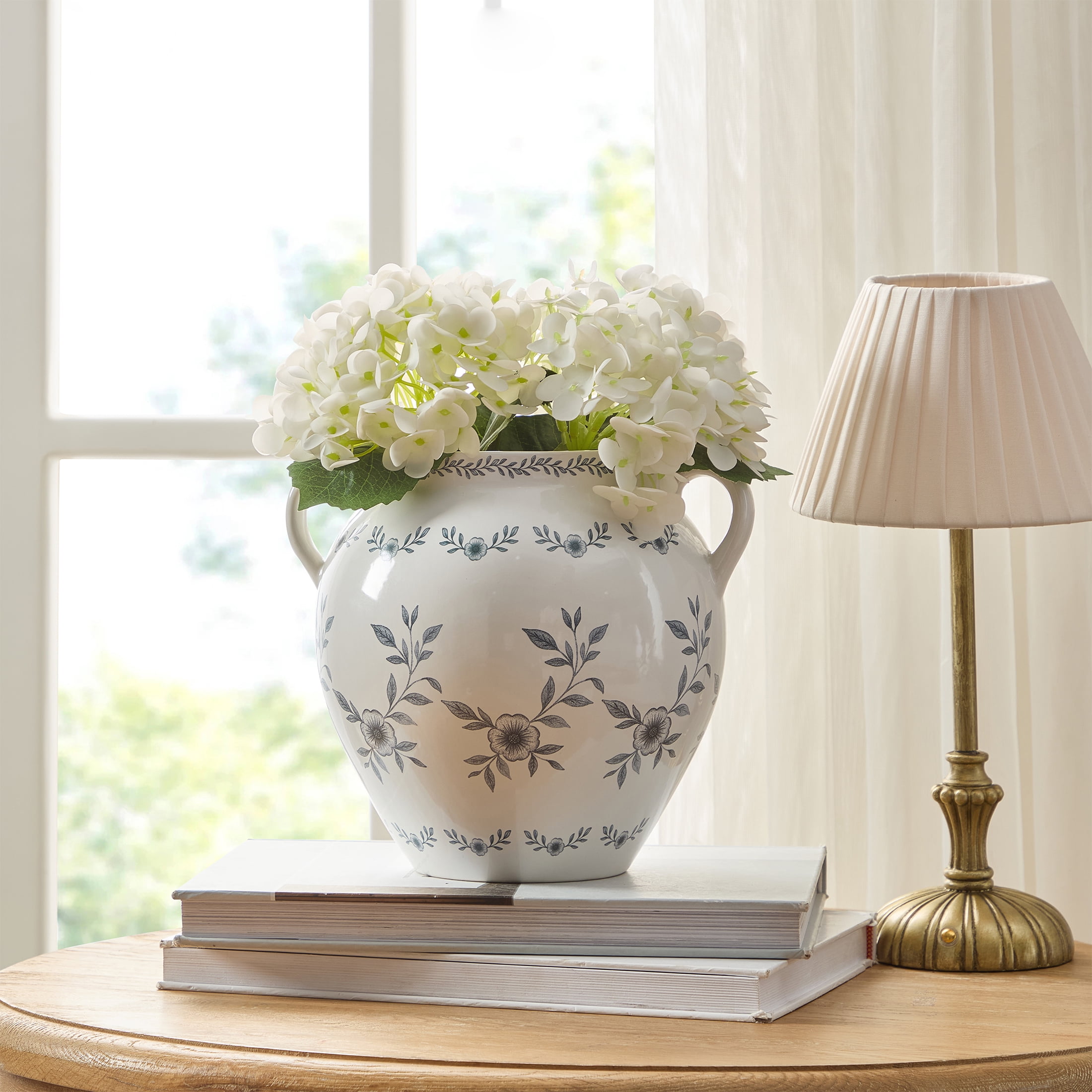My Texas House 8" White Double Handle Ceramic Floral Vase