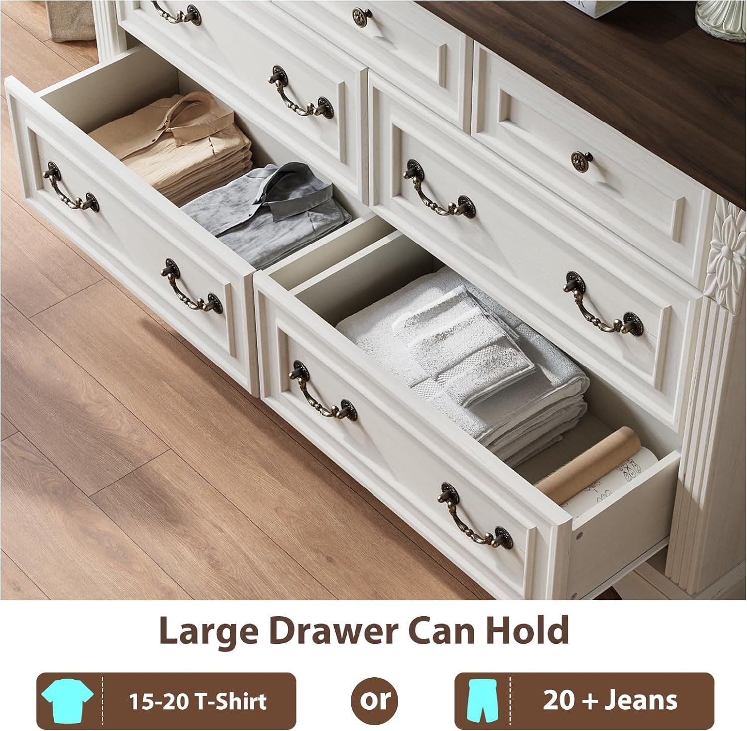 BOSHIRO 7-Drawer Dresser for Bedroom, Farmhouse Carved Wide Storage Chest Organizer with Brown Top, Antique White Finish
