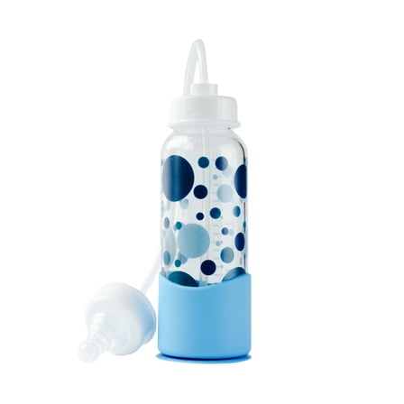 Hands-Free Baby Bottle - Anti-Colic Nursing System 7 oz Glass Baby Bottle with Fast Flow Nipple/Teat 3m  with Tube Straw Feeding System for Toddler (1 Bottle - Blue)