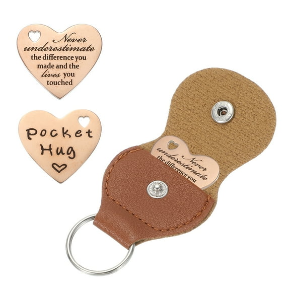 Pocket Hug Token, Heart Double Sided Coin with Leather Keychain Long Distance Relationship Inspirational Keepsake Gifts, Rose Gold, Never