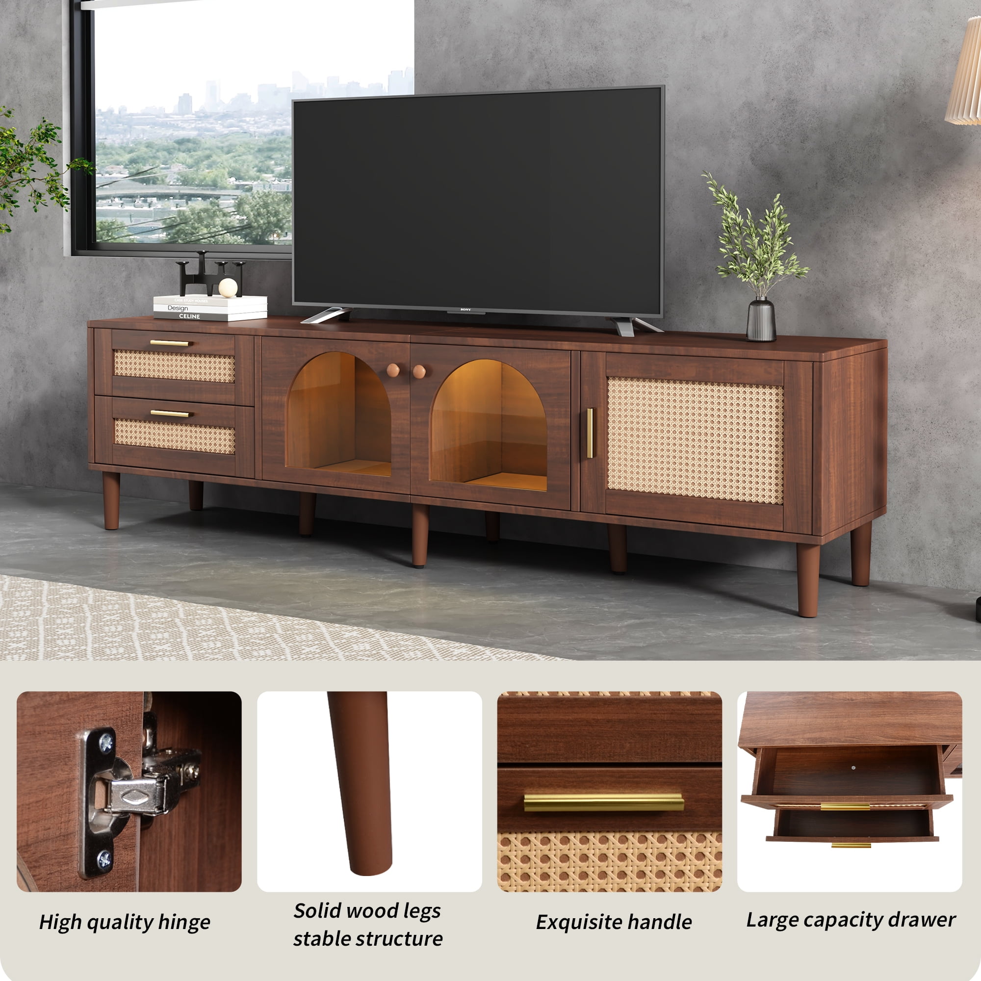 Harper & Bright Designs Rattan TV Stand with LED Light for 80 inch TV, Wood TV Storage Cabinet with Glass Doors and 2 Drawer, Media Console with Solid Wood Legs for Living Room, Dark Brown