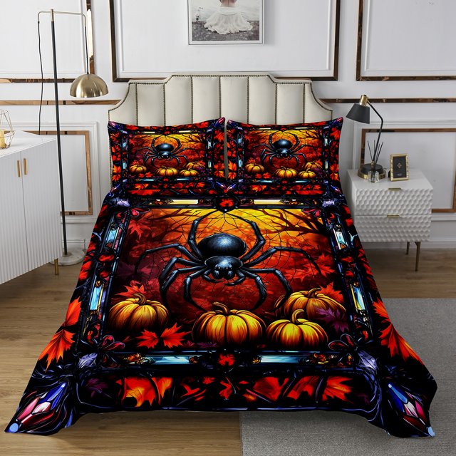 Erosebridal Fall Pumpkin Coverlet Set King,Animal Spider Bedding Set,Halloween Room Decorative,Ultra Soft,3 Pieces
