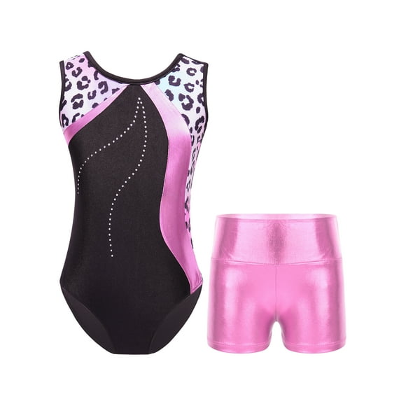 zdhoor Kids Girls Sleeveless Gymnastics Leotards with Shorts 2 Pcs Dance Outfits Ballet Dance Biketard Leopard 12