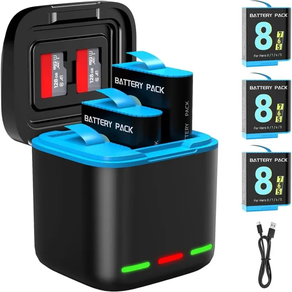 Battery Charger for Hero 8/7/6/5 Black Battery 3-Pack 1500mAh and USB Storage 3-Channel Fast Charger for GoPro Hero 8 Black, Hero 7 Black, Hero 6 Black, Hero 5 Black with Micro SD Card Slot