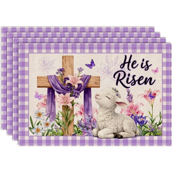 Easter Placemats Set of 4 12x18 inch for Dinning Table, He is Risen Easter Decor for Party, Home - Farmhouse Spring Purple Buffalo Plaid Lamb Table Mat Decroations