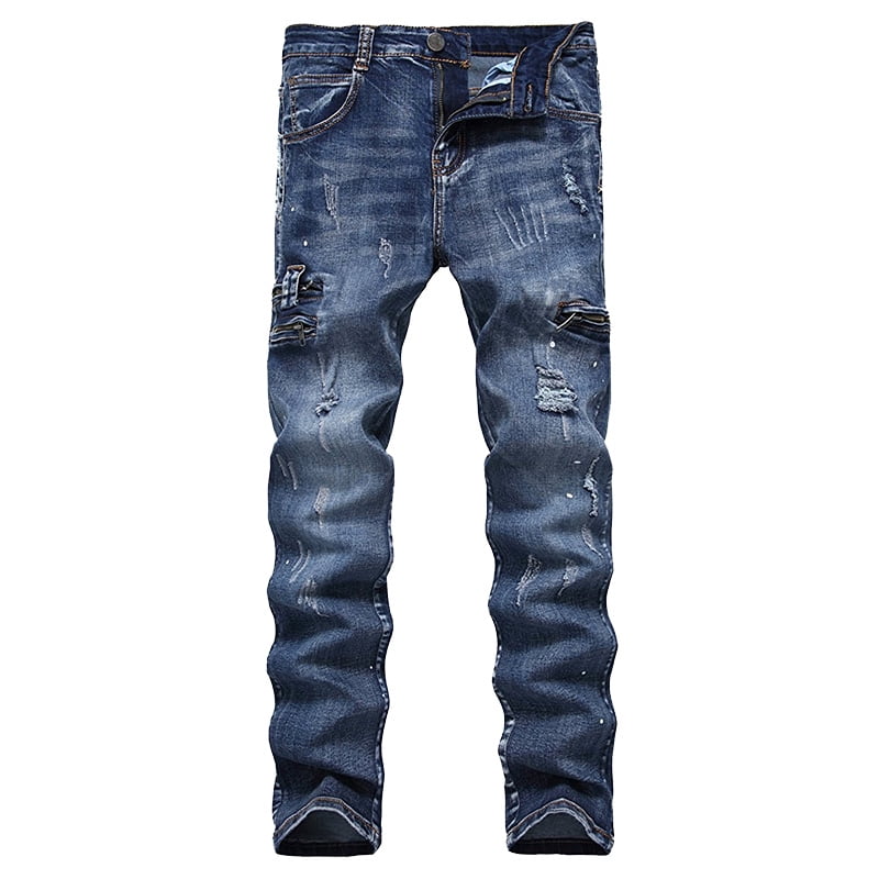 Men Deep Blue Ripped Distressed Straight Jeans Distroyed Slim Fit Denim Pants