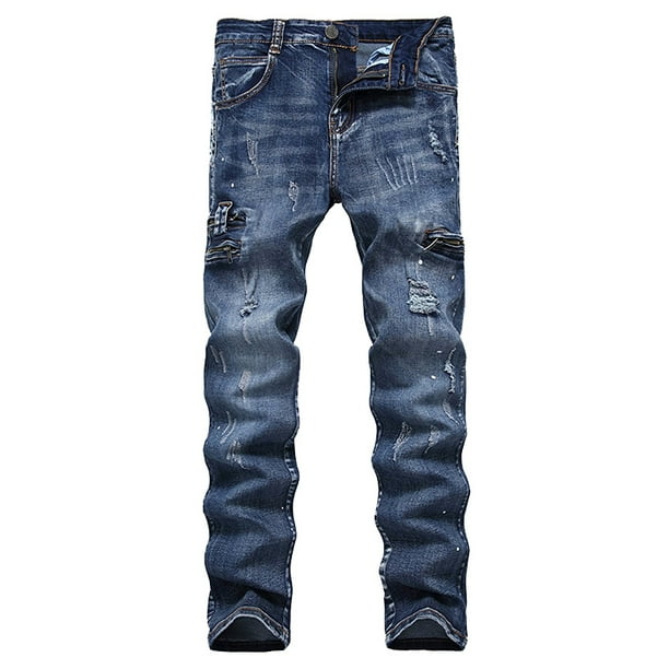Men S Ripped Jeans Black Slim Fit Motorcycle Jeans Men Vintage Distressed Denim Jeans Pants Walmart Com Walmart Com