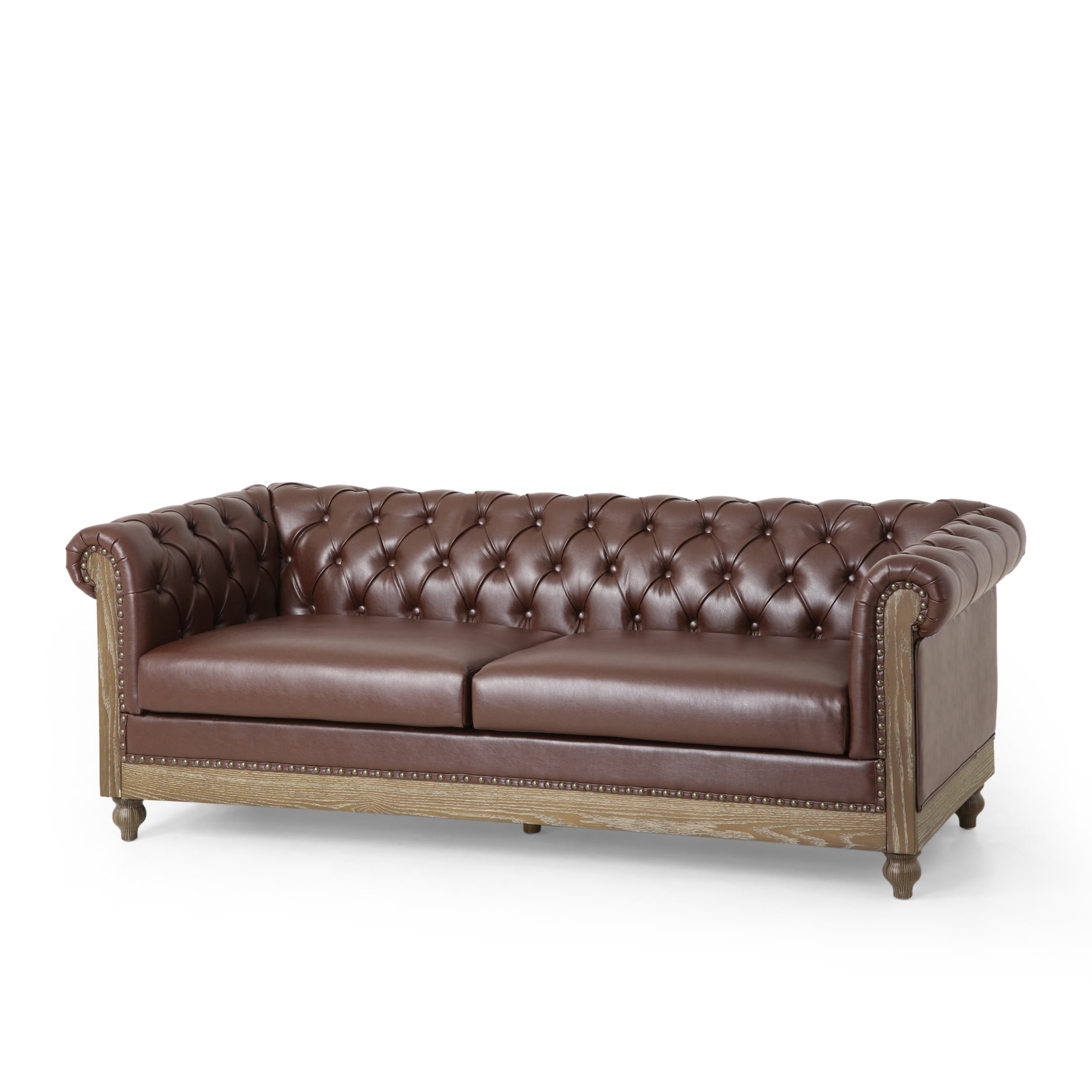 Leather Sofa 3 Seater Nailhead Trim Dark Brown Living Room Couch 