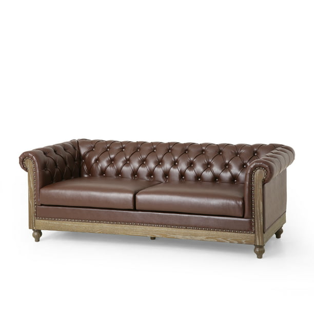 Noble House Glencoe Upholstered Tufted, Brown Leather Nailhead Sofa