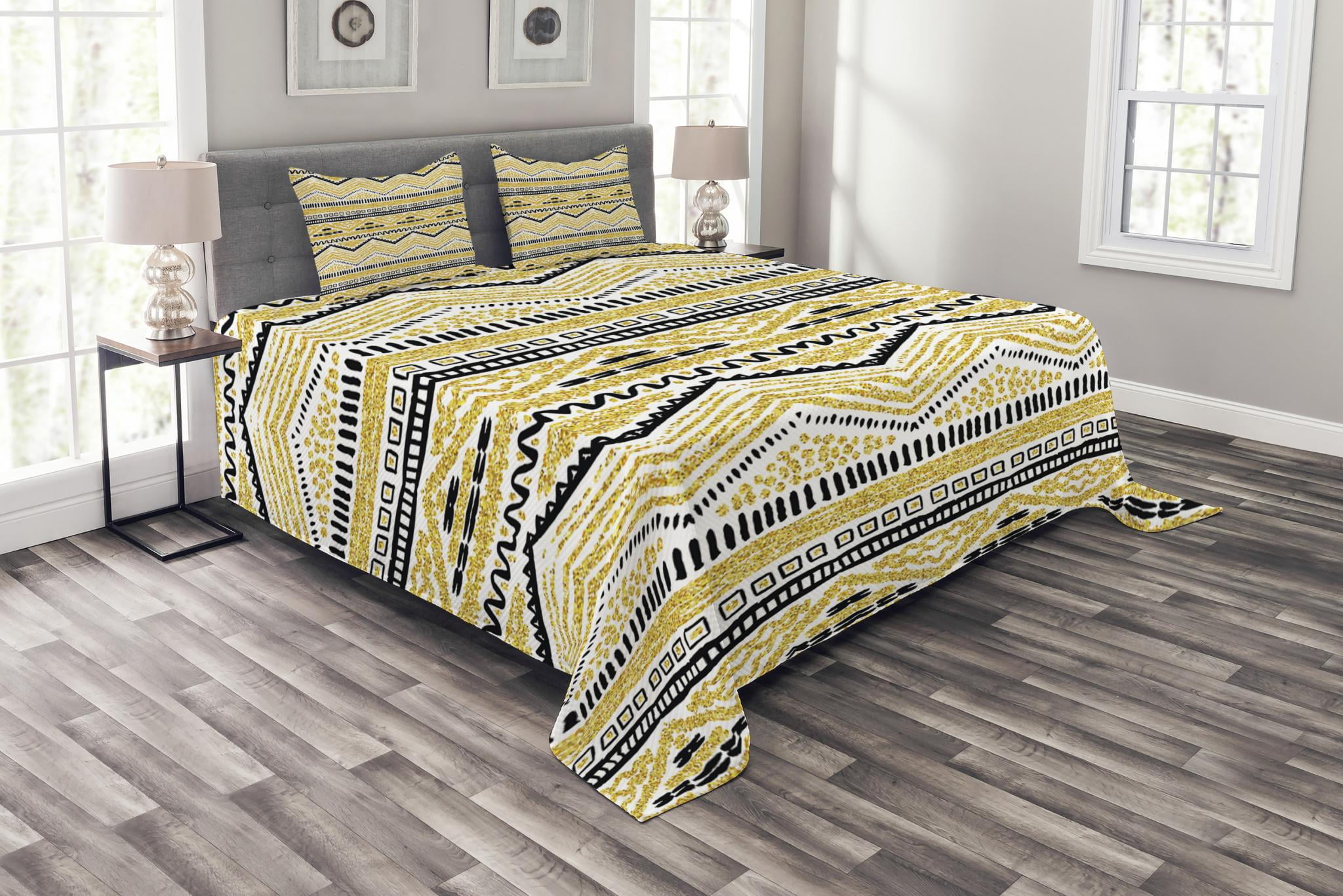 Yellow and Black Bedspread Set, Primitive Design with Zig Zag Lines Stripes Ethnic Chevron