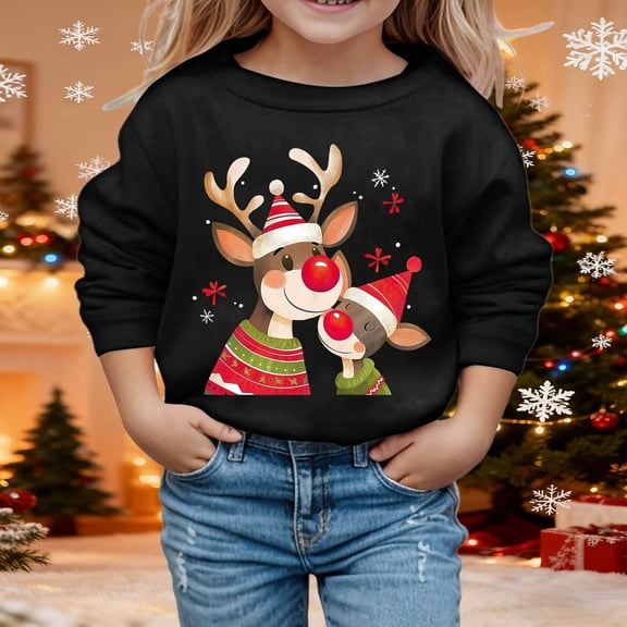 Boys Sweatshirts Girls Festive Print Crew Neck Sweatshirt Long Sleeve Pullover Hoodless Top Black 4-5 Years