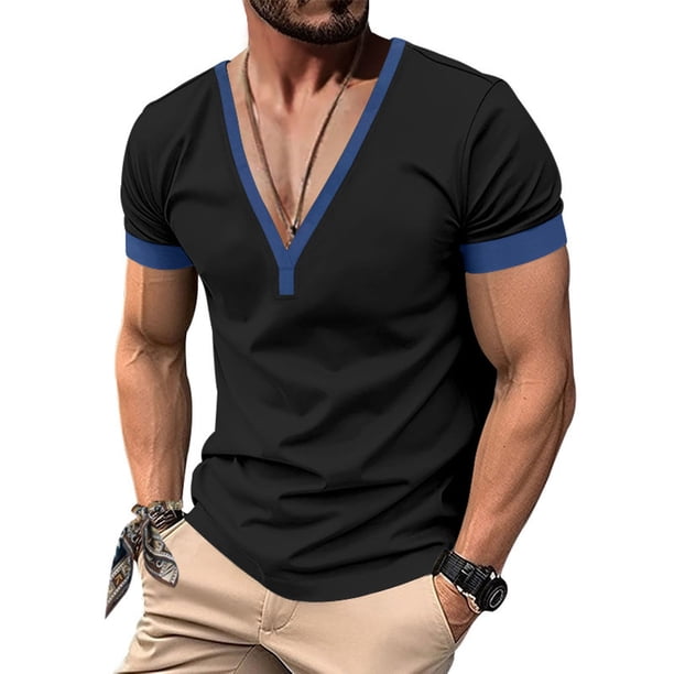 pstuiky Camisas de vestir de manga corta para hombre, Camisa informal de color liso con botones y cuello en V y manga corta para hombre ropa de hombre m