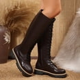 thumbnail image 4 of Women Leather Knee High Combat Boots, Round Toe Front Lace Up Side Zipper Lug Sole Tall Boots, Chunky Boots, 4 of 7