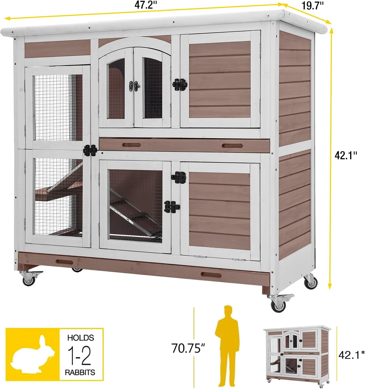 Aivituvin Bunny Cage Rabbit Hutch Indoor Rabbit House with Wheels Outdoor Guinea Pig House with Two Plastic Tray (Brown)