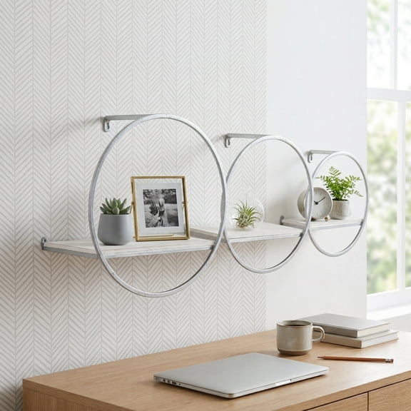 Wall Mounted Shelves with Wood and Metal Frame for Home Decor - Hanging Storage Organizer Living Room, Bedroom, or Entryway Display - Functional Wall Shelf - Set of 3, 8", 6", 4", Silver & Metallic