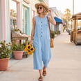 thumbnail image 7 of JULMCOMO Jumpsuits for Women Crew Neck Button Down Casual Bib Overalls Sleeveless Retro Wide Leg Capri Jumpsuit with Pockets Sky Blue 2XL, 7 of 7