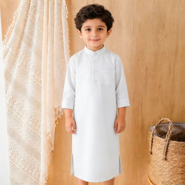 Kaftan Décontracté à Manches Longues pour Garçons, Robe Traditionnelle Abaya pour Enfants