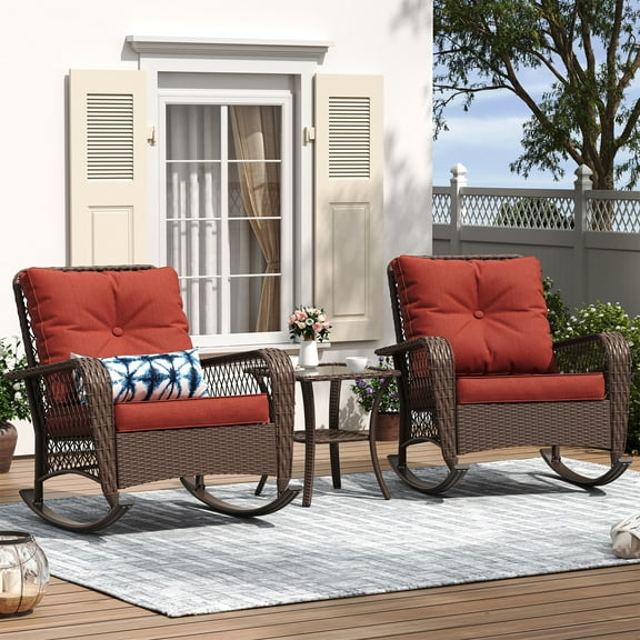 ELPOSUN 3-Piece Outdoor Rocking Chairs, Wicker Patio Furniture with Thickened Cushions and Table for Porch(Red)