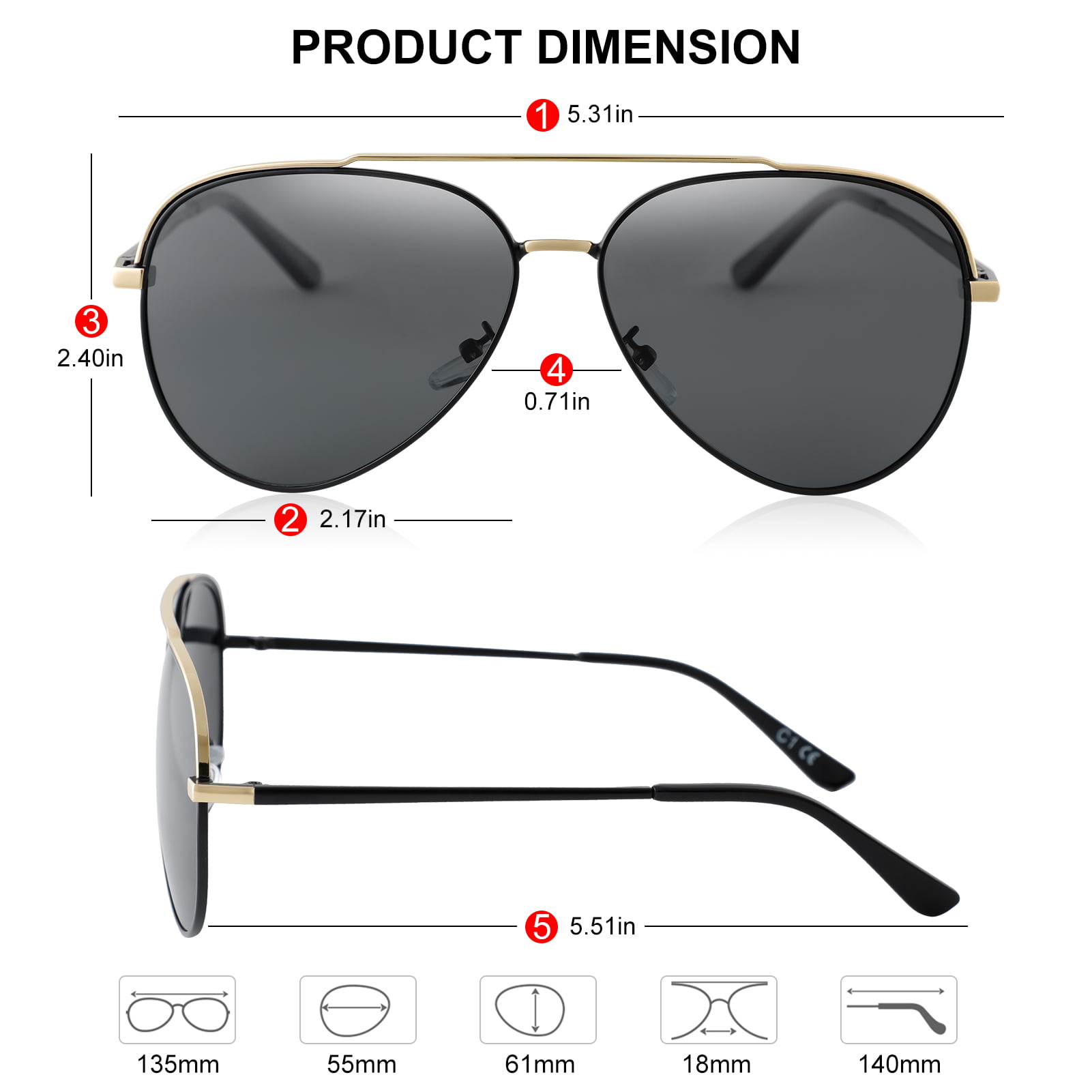 Polarized Rectangular Aviator Sunglasses for Men in Gunmetal / Grey - Military Style Pilot Metal Sunglasses UV 400 Protection