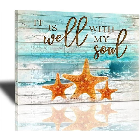 Starfish Bathroom Decor Wall Art Coastal Beach Starfish Inspirational Quotes It is Well with My Soul Picture Wall Decor Music Ocean Canvas Painting Print Artwork Framed for Living Room Bedroom 12"x16"
