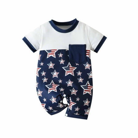 

Stamzod 4th of July Outfit Baby Boy Girl American Flag Printed Romper Short Sleeve One Piece Bodysuit Clothes 0-24 Months