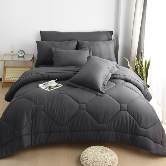 HIG Queen Comforter Set, 8 Piece Dark Gray Bed in a Bag with Flat Sheet, Fitted Sheet, Pillowcases & Shams