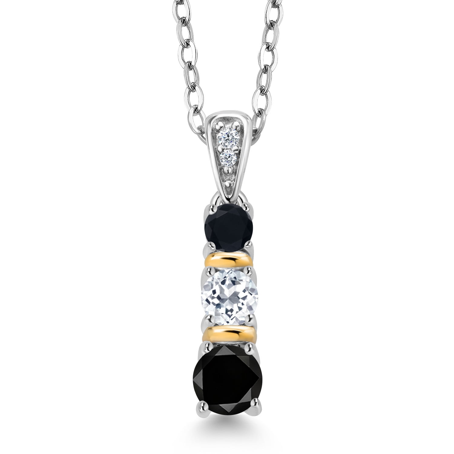 Gem Stone King 925 Silver and 10K Yellow Gold Round Black Diamond White Topaz and Black Onyx Pendant Necklace for Women (0.59 Cttw, Gemstone April Birthstone, with 18 inch Chain)