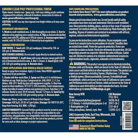 General Finishes Enduro Water Based Clear Poly, 1 Gallon, Flat