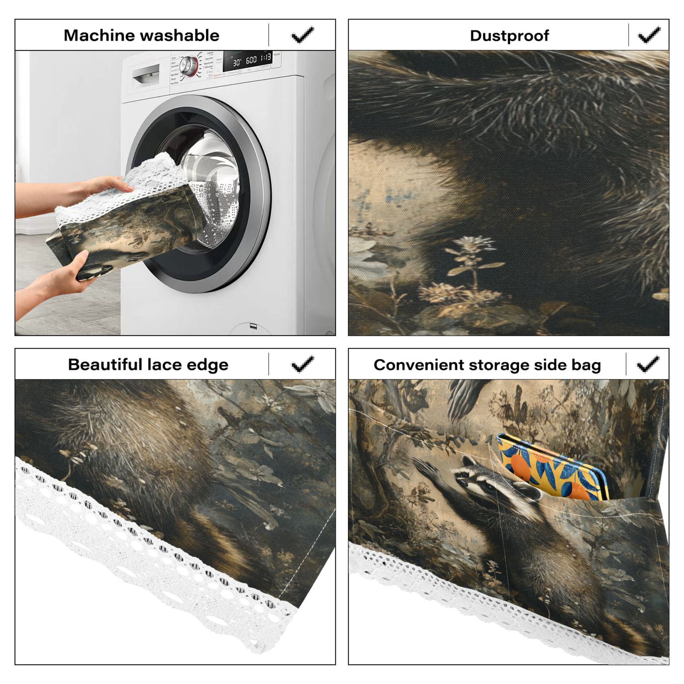 The Cute RaccoonWasher and Dryer Covers Dust-Proof and Oil Resistant Fridge Cover with 4 Storage Pockets Washing Machine Top Cover for Laundry Kitchen Home 51.2 x 22 In